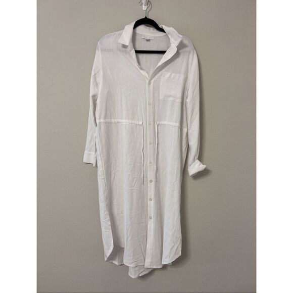 Barefoot Dreams Dresses & Skirts - Barefoot Dreams Women's White Linen Blend Cinched Button Shirt Dress Large NWOT